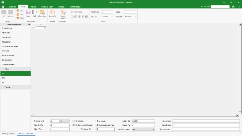 Configuration of the surcharge in the article