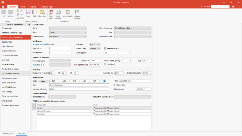Financial data / classification of a contact