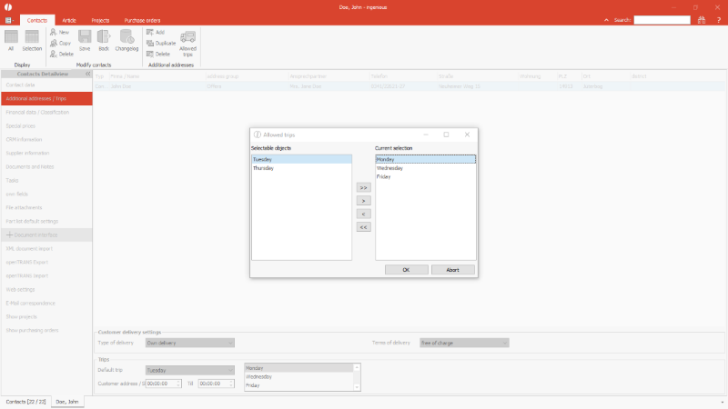 Configuration of allowed trips for a contact