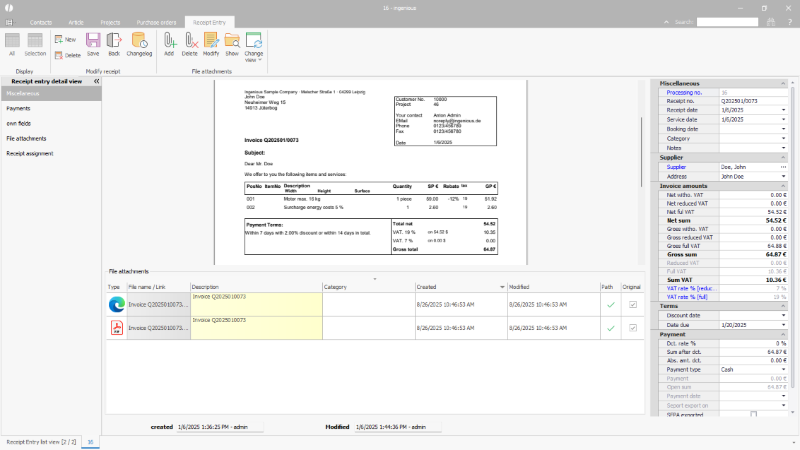 Incoming invoice saved as a file attachment