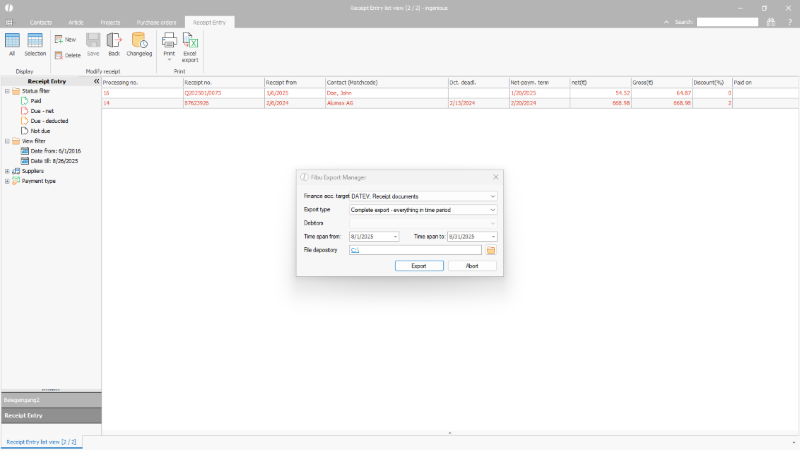 Accounting export of&nbsp;receipt documents