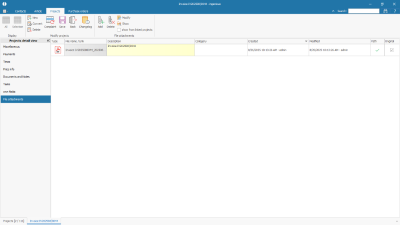 Original invoice for archiving and export