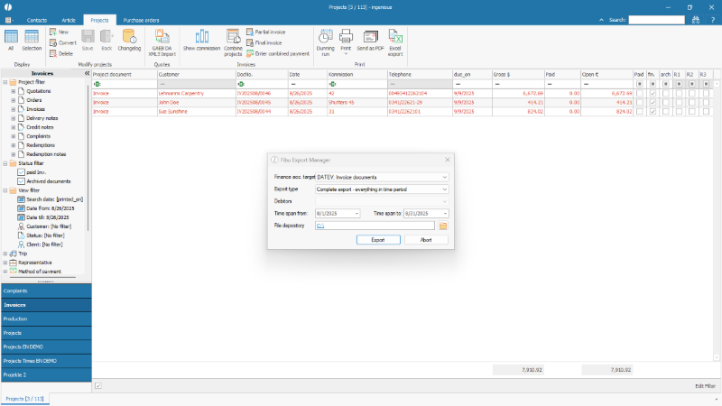 Accounting export documents outgoing invoices