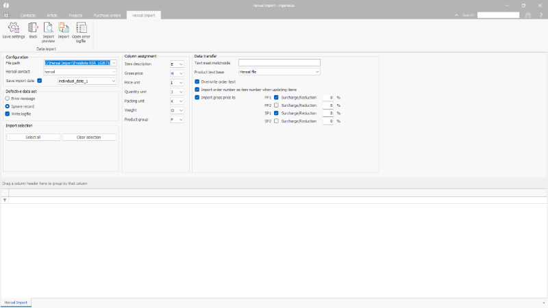 Settings for Heroal article import