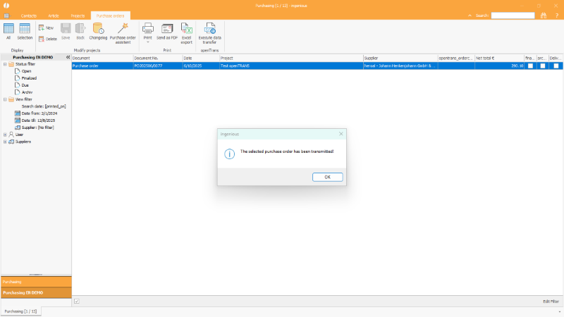 Heroal purchase order&nbsp;transferred via&nbsp;openTrans data transfer