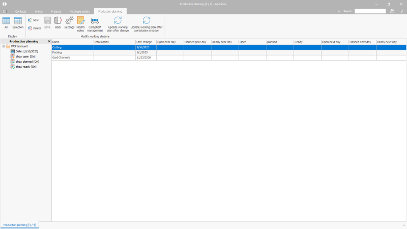 List view of the production planning