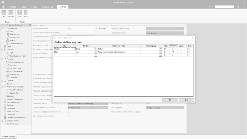 Global settings for projects - Configuration project item entries