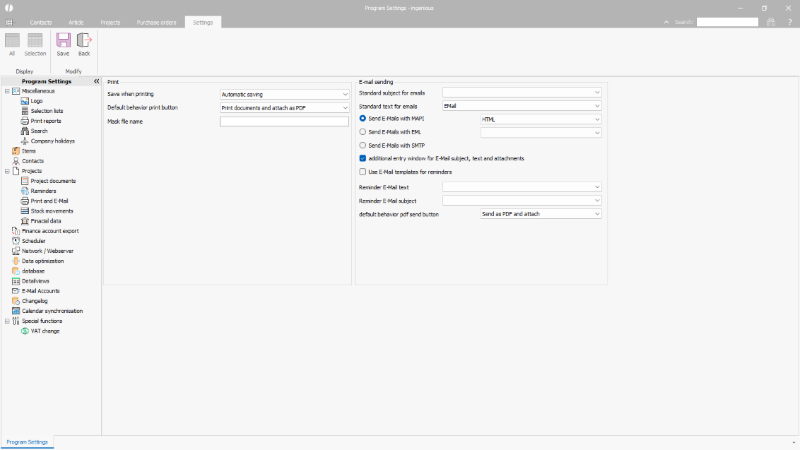 Program Settings for printing and sending
