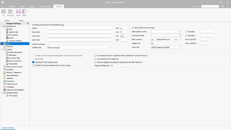 Global parameters for articles