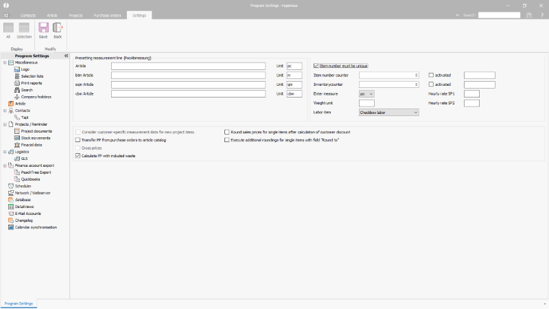 Global parameters for articles