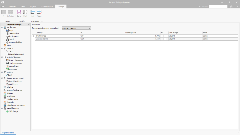 Stored currencies in the Program Settings