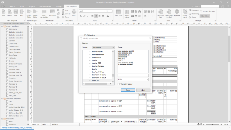 Usage of the currencies in the project templates