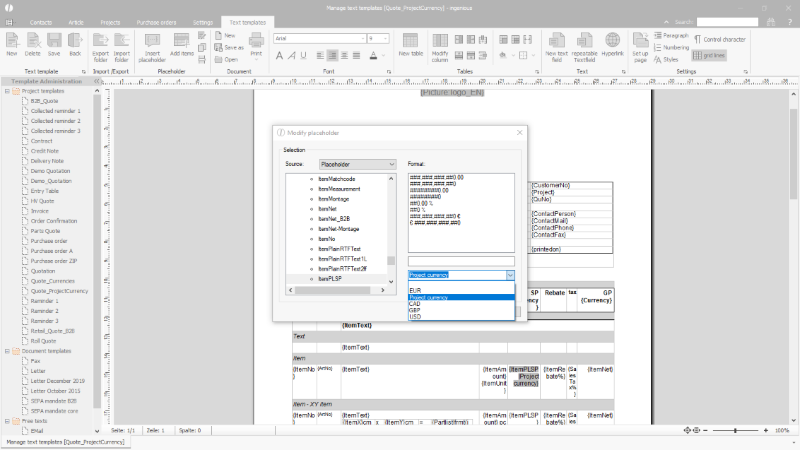Usage of the project currency in the project templates