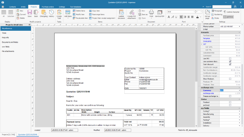 Selection of the project currency in the project