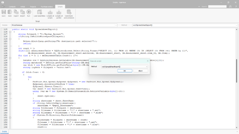 Script for exporting measurement sheets