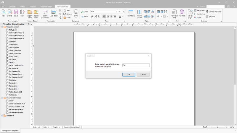 New creation of a document template