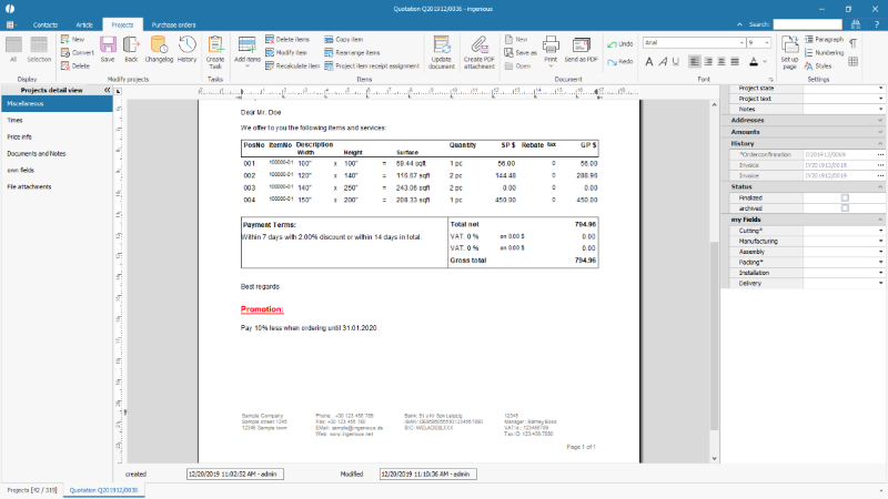 Inserted free text in a project document