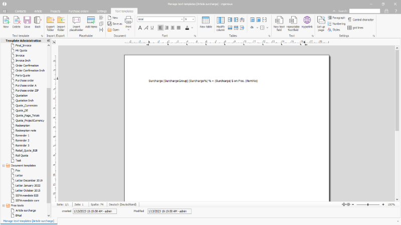 Free text template for the article-based surcharge