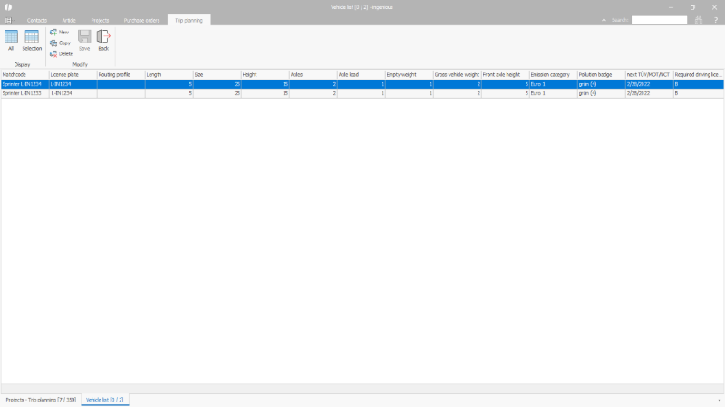 Vehicle list of the trip planning