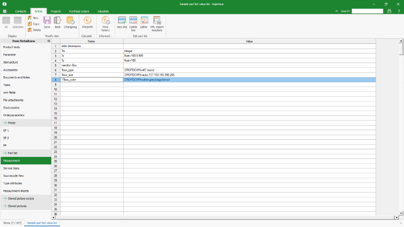 Typical value list in a checklist in tabular form