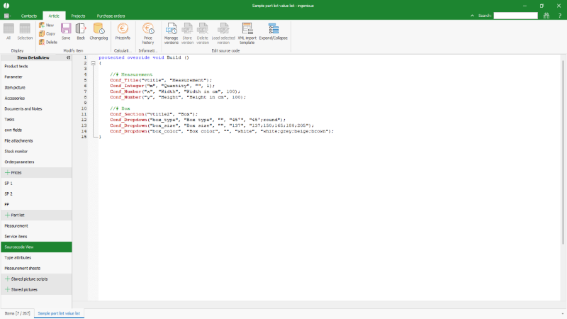 Typical value list in a part list in source code form