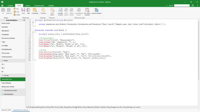 Using an external value list in a part list in source code form